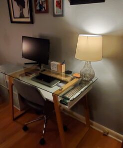 bonVIVO Massimo Small Desk - 43 Inch, Modern Computer Desk for Small Spaces, Living Room, Office and Bedroom - Study Table w/Glass Top and Shelf Space - White White/Glass 43" Desk 42 61IIIQfS IL