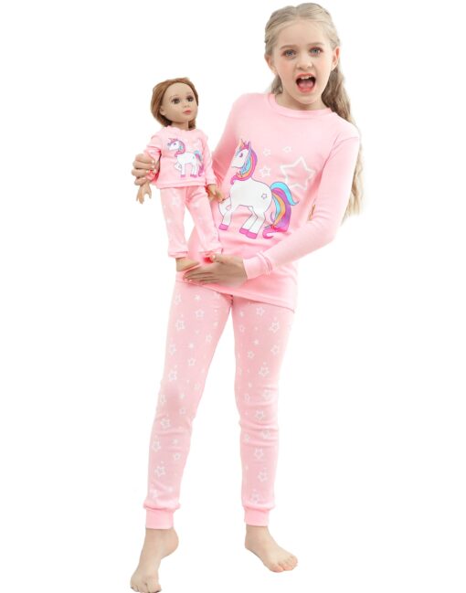 Babyroom Girls Matching Doll&Toddler 4 Piece Cotton Pajamas Toddler Christmas Sleepwear … 2 Pink/Unicorn