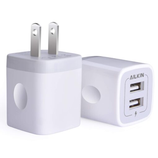 USB Wall Charger, Charger Adapter, AILKIN 2-Pack 2.1A Dual Port Quick Charger Plug Cube for iPhone 15 14 13 12 11 Pro Max 10 SE X 8 7 Plus Samsung Galaxy S23 S22 Power Block Fast Charging Box Brick White