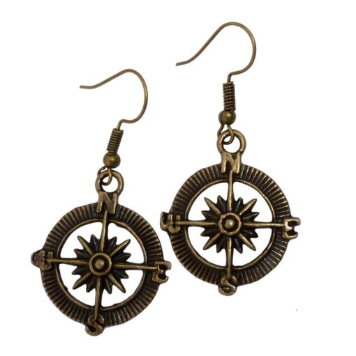 Steampunk Nautical Pirate compass earrings pendant charm dangle in Antique style bronze