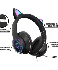VIGROS Cat Ear Gaming Headphones Wired AUX 3.5mm LED Light, Noise Canceling Game Headphones Stereo Foldable Over-Ear Headsets with Microphone Fit Girls, Kids for PC, PS4, Switch, Xbox, Mobile, Laptop Black-Wire 12 61JDqZmkssL