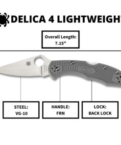 Spyderco Delica 4 Lightweight 7.15" Signature Folding Knife with 2.90" Flat-Ground Steel Blade and High-Strength FRN Handle - PlainEdge Grind Delica 4 Lightweight Flat Ground Grey 26 61JHSAYGVyL