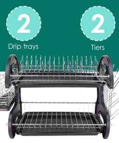 Home Basics Plastic 2-Tier Dish Drainer Rack, Air Drying and Organizing Dishes, Side Mounted Cutlery Holder, Black 13 61JHgluyt8L