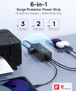 Power Strip Surge Protector 1200J - Baseus Power Strip USB C Charger Extension Cord with 3 Outlets & 3 USB Port PD20W Charging Station for Office Dorm Room Home Fast Charging 20W 13 61JuffUYb3L