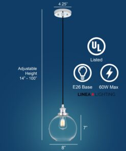 Alternative view of Linea di Liara Primo Large Chrome Glass Globe Pendant Light Fixture Farmhouse Pendant Lighting for Kitchen Island Mid Century Modern Ceiling Light Clear Glass Shade, UL Listed