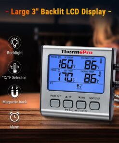 ThermoPro TP-17 Dual Probe Digital Cooking Meat Thermometer Large LCD Backlight Food Grill Thermometer with Timer Mode for Smoker Kitchen Oven BBQ, Silver 2 Probes 26 61KFOJdwuHL