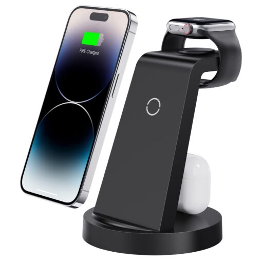 3 in 1 Charging Station for iPhone, Wireless Charger for iPhone 15 14 13 12 11 X Pro Max & Apple Watch - Charging Stand Dock for AirPods 3/2/1/Pro Black