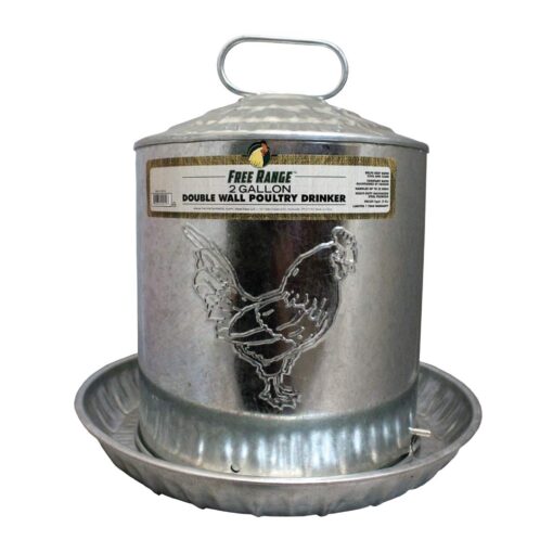 Manna Pro Chicken Waterer - Holds 2 Gallons of Chicken Water - Harris Farms Galvanized Steel Double Wall Poultry Drinker 2 gallon