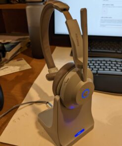 Bluetooth Headset, Wireless Headphones with Microphone Noise Canceling & USB Dongle, Wireless Headset with Mic Mute & Charging Base for PC/Phones/Zoom/Skype/MS Teams/Google Meet Work Headset Light Brown 34 61KyiRTrbOL