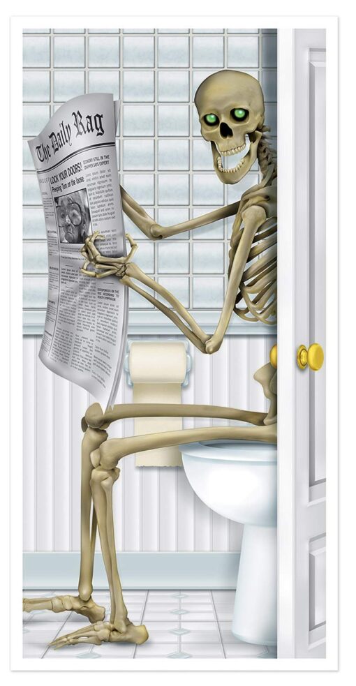 Beistle Skeleton Restroom Door Cover, 5’ x 30” – Spooky Halloween Party Decor - Bone Chilling Design – Easily Display – Plastic for Indoor & Outdoor Use – Creepy Bathroom Accessory