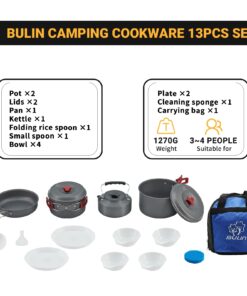 Bulin 24/13/11/8/4 PCS Camping Cookware Mess Kit Lightweight Backpacking Cooking Set Outdoor Cook Gear for Family Hiking, Picnic(Kettle, Pot, Frying Pan, Bowls, Plates, Spoon) 13 PCS 33 61Kzvb1vBRL