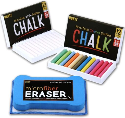 Huntz Dustless Chalk With Microfiber Eraser (Washable & Reusable) (12 White Chalks + 12 Colored Chalks + Eraser) 12 White Chalks + 12 Colored Chalks + Eraser