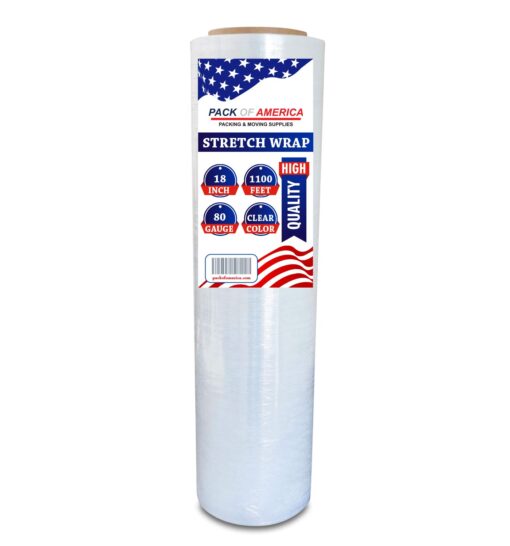 Pack of America Stretch Film - 1 Roll Clear, 18” x 1100 Feet, 80 Gauge (20 Micron) Industrial Heavy Duty Plastic Shrink Wrap and Dispenser for Packing, Shipping, Pallet, Moving Supplies 18'' x 1100 ft (1 Roll)