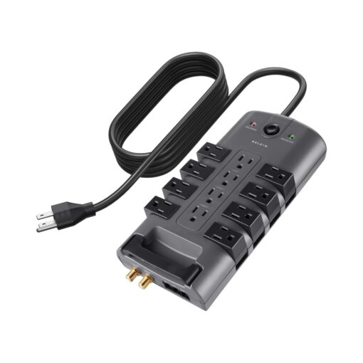 Belkin Surge Protector Power Strip w/ 8 Rotating & 4 Standard Outlets - 8ft Sturdy Extension Cord w/ Flat Pivot Plug for Home, Office, Travel, Desktop & Charging Brick - 4320 Joules of Protection 1 Pack