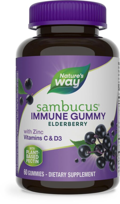 Nature’s Way Sambucus Elderberry Immune Gummies, Daily Immune Support for Kids and Adults*, with Vitamin C, Vitamin D3, Zinc, Gluten Free, Vegetarian, 60 Gummies (Packaging May Vary) 60 Count (Pack of 1) Elderberry Gummies, 60ct