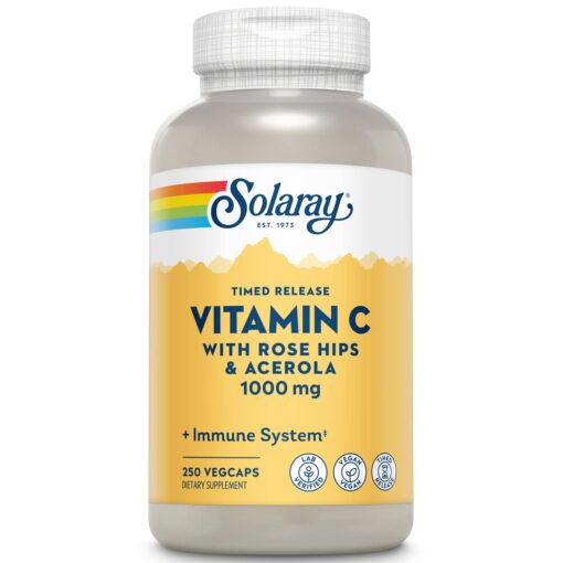 SOLARAY Vitamin C 1000mg Timed Release Capsules with Rose Hips & Acerola Bioflavonoids, Two-Stage for High Absorption & All Day Immune Function Support, 60 Day Guarantee, 250 Servings, 250 VegCaps 250 Count (Pack of 1)