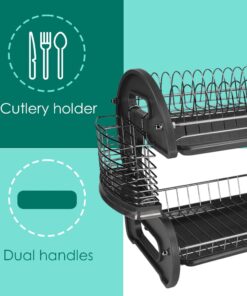 Home Basics Plastic 2-Tier Dish Drainer Rack, Air Drying and Organizing Dishes, Side Mounted Cutlery Holder, Black 14 61LsNosPWOL