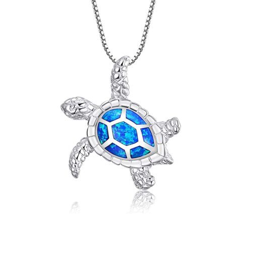 Victoria Jewelry 925 Sterling Silver Blue Opal Sea Turtle Necklace