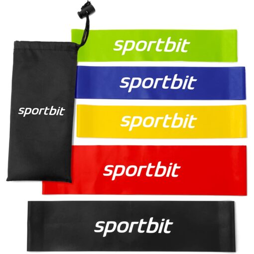 Sportbit Exercise Resistance Bands Set of 5 + Bag | Best Elastic Resistance Loop Bands for Stretching, Yoga, Physical Therapy, Workout, Home Fitness and Sport