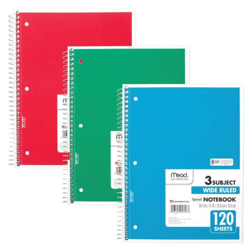 Mead Spiral Notebooks, 3 Subject, Wide Ruled Paper, 120 Sheets, 10-1/2" x 7-1/2", Red, Green, Blue, 3 Pack (73179) Pack of 3 Red/Green/Blue