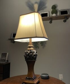 Regency Hill Exeter Traditional Style Table Lamps 30" Tall Full Size Set of 2 Bronze Wood Carved Leaf Creme Rectangular Bell Shade Decor for Living Room Bedroom House Bedside Nightstand Office 30 61MXfGfPfTL 3