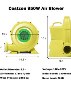 Costzon Air Blower, 950W Bounce House Blower, Pump Fan Commercial Inflatable Bouncer Blower, Air Blower for Inflatables, Perfect for Inflatable Bounce House, Waterslides (950 Watt 1.25HP) 950 Watt 1.25HP 8 61Me8EREuqL