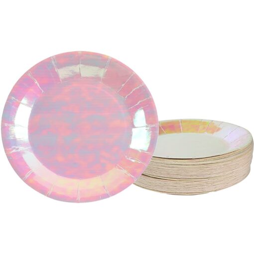 Disposable Plates - 48-Pack Paper Plates Party Supplies for Appetizer, Lunch, Dinner, and Dessert, Kids Birthday Party Favors, Pink Holographic, 7 x 7 Inches