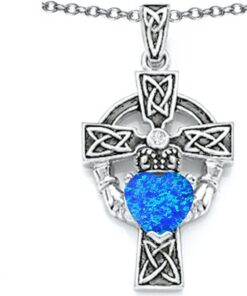 Alternative view of Star K Sterling Silver Heart Claddagh Cross pendant Blue Created Opal