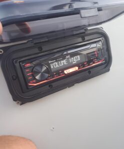 Pyle Water Resistant Marine Stereo Cover - Smoke Colored Heavy Duty Boat Radio Protector Shield with Flip-up Door & Spring Loaded Release - Mounting Gasket Included - Pyle PLMRCB1 Black Standard Packaging 28 61MkX76q5GL 2