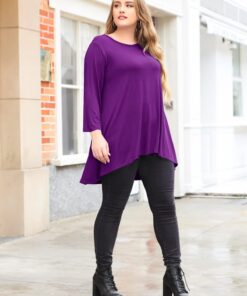 LARACE Womens Plus Size 3/4 Sleeve Loose Fit Flare Swing Tunic Tops Floral High Low Basic T Shirt Deep Purple 3X 11 61MqhxSNlxL