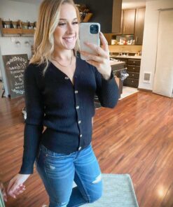 Alternative view of GRACE KARIN Women's Button Down Vee Neck Long Sleeve Rib Knit Cardigan Sweaters Large Black
