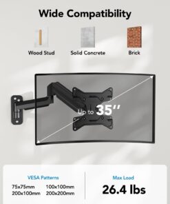 HUANUO Ultrawide Monitor Wall Mount for up to 34 35 inch Curved Computer Screens, Single Wall Mount Monitor Arm Holds 26.4lbs Max, Height Adjustable Full Motion Gas Spring Vesa Mount, Max 200x200mm 30 61NCHUMV8tL