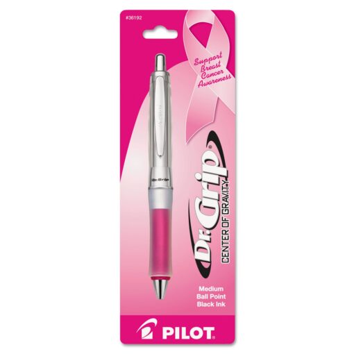 PILOT Dr. Grip Center of Gravity - Breast Cancer Awareness Refillable & Retractable Ballpoint Pen, Medium Point, Pink Barrel, Black Ink, Single Pen (36192) Silver/Pink