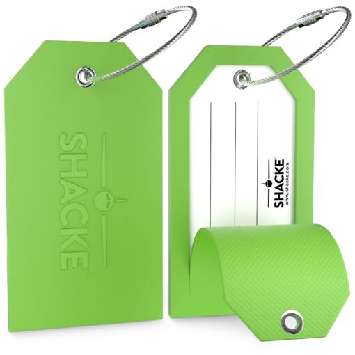 Shacke Luggage Tags with Full Back Privacy Cover w/Steel Loops - Set of 2 Green