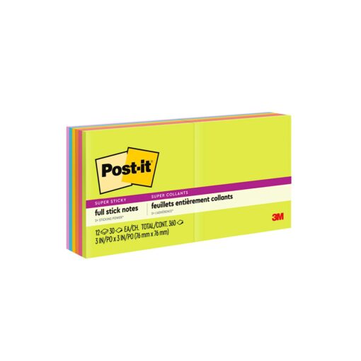 Post-it Super Sticky Full Stick Notes, 3x3 in, 12 Pads, 2x the Sticking Power, Energy Boost Collection, Bright Colors (Orange, Pink, Blue, Green), Recyclable (F330-12SSAU) 1