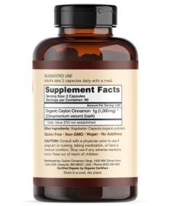Organic Ceylon Cinnamon (100% Certified) Supplement, 180 Capsules, 3 Month Supply by Ceylon Cinnamon Shop 9 61NjAeNVTL