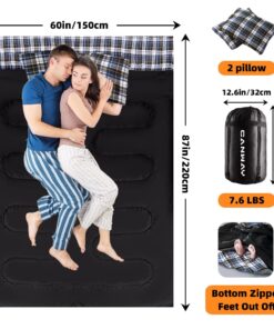 CANWAY Double Sleeping Bag,2 Person Sleeping Bag Lightweight Waterproof with 2 Pillows for Camping, Backpacking, or Hiking for Adults or Teens Queen Size XL & XXL Flannel Black 17 61O76NJVEgL
