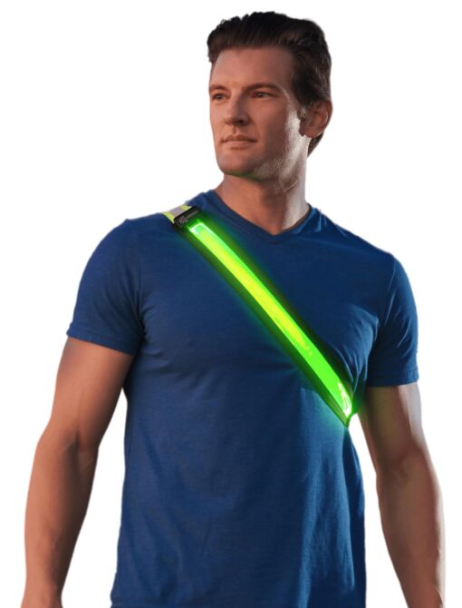 ILLUMISEEN LED Reflective Belt Sash | High Visibility LED Lights with 2 Lighting Modes | Adjustable Quick Release Buckle | USB Rechargeable, No Batteries Needed | Weatherproof Professional Safety Gear Green