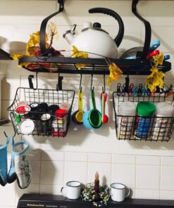 Vdomus Wall Mounted Pot and Pan Rack for Kitchen, Cookware Hanging rack with 10 Hooks Included, Hanging Pan Organizer, Black 24 x 10 Inches 42 61ONgDN1NVL