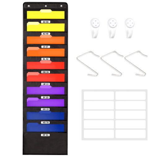 Annecy 10 Pockets Hanging Wall File Organizer, Black Storage Pocket Chart for File Folder and Paper, Space Saver for Office and Classroom, with Wall Hangers, Over The Door Hooks, Labels 10-Pocket Black Pocket