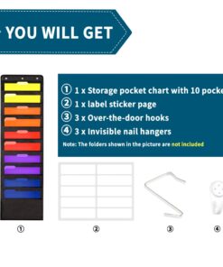 Annecy 10 Pockets Hanging Wall File Organizer, Black Storage Pocket Chart for File Folder and Paper, Space Saver for Office and Classroom, with Wall Hangers, Over The Door Hooks, Labels 10-Pocket Black Pocket 9 61OszqgOj0L