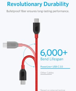 Alternative view of Anker [2-Pack, 6ft] PowerLine+ USB-C to USB-A, Double-Braided Nylon Fast Charging Cable, for Samsung Galaxy S9/S9+/S8/S8+/Note 8, MacBook, LG V20/G5/G6, and More (Red) 6 Feet Red 2