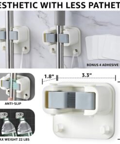 New Version 4pcs Self Adhesive Broom Holder with Gripper and 2 Hooks, Damage Free Broom Mop Holder, No Drill Anti-Slip Wall Mount Broom Gripper Organizer for Bathroom Kitchen Garden Garage 18 61OyC0hJbqL