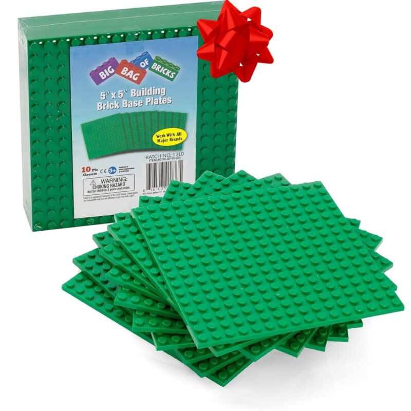 SCS Direct Brick Building Blocks Green Baseplates - 5"x5" (10pcs) Dual Connectivity for Stacking - Compatible with & Tight fit with All Major Building Blocks Brands - Great for Activity Tables