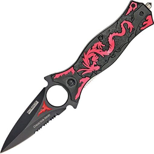 TAC Force TF-707 Series Assisted Opening Folding Knife, Black Half-Serrated Blade, Dragon Handle, 4-1/2-Inch Closed Red