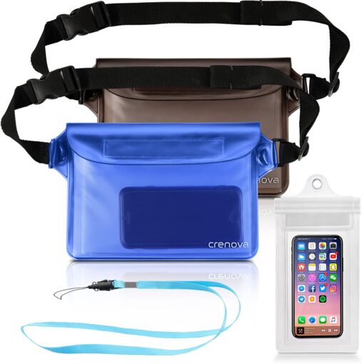 Crenova Waterproof Pouch IP68 Beach Accessories Fanny Pack with Waist Strap Dry Bag with Adjustable Belt Beach Essentials Accessories to Keep Your Valuables Safe and Dry Perfect for Beach Snorkeling Kayaking Pool Water Park (Blue & Black) Blue & Black