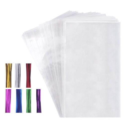 Sekmet 100 Cello Cellophane Treat Bags(1.8mil.),7X12in Big OPP Clear Plastic Bags For Bakery,Popcorn,Cookies, Candies,Dessert with 7 Colors Twist Ties!