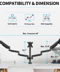 MOUNTUP Triple Monitor Stand Mount - 3 Monitor Desk Mount for Computer Screens Up to 27 inch, Triple Monitor Arm with Gas Spring, Heavy Duty Monitor Stand, Each Arm Holds Up to 17.6 lbs, MU0006 Black 27 61PUAnWp3yL