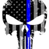 Punisher Skull 5.5 x 4 Inch Tattered Subdued US Flag Reflective Decal with Thin Blue Line Car Sticker, Helmet & Truck Accessories for Men. Support The Police with American Flag USA Bumper Sticker. 33 61PUOBdHQyL
