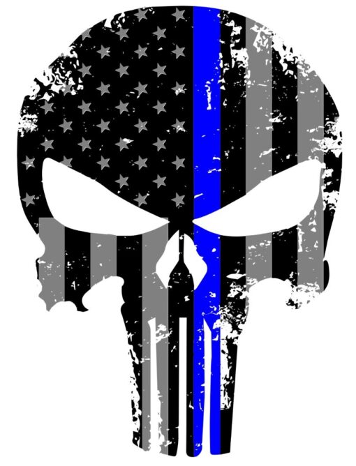 Punisher Skull 5.5 x 4 Inch Tattered Subdued US Flag Reflective Decal with Thin Blue Line Car Sticker, Helmet & Truck Accessories for Men. Support The Police with American Flag USA Bumper Sticker.